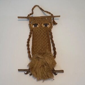 Vintage 70s Macrame Owl Wall Hanging Brown Jute Fiber Art Boho Retro 24"